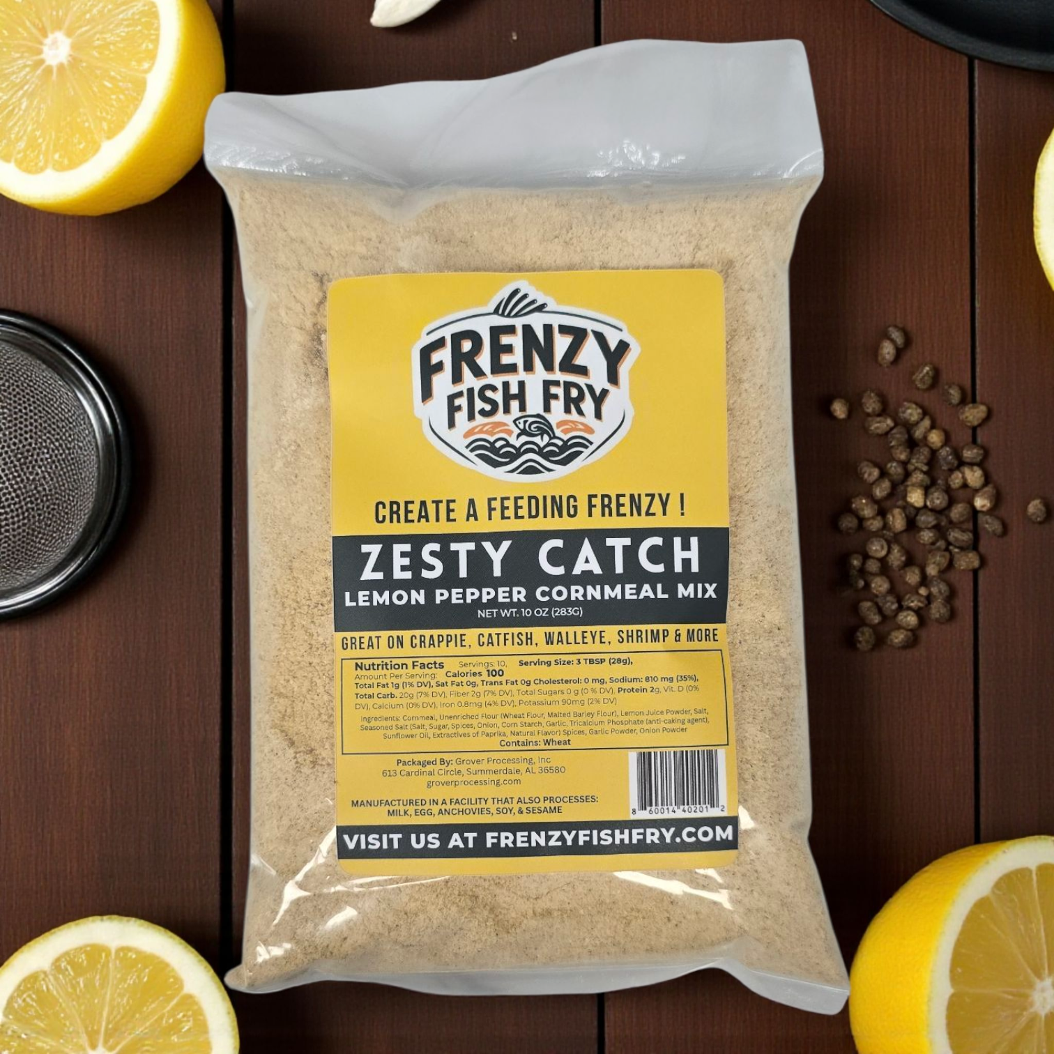 Bag of Frenzy Fish Fry Zesty Catch breading mix on table – tangy lemon pepper coating perfect for fish, chicken, and veggies