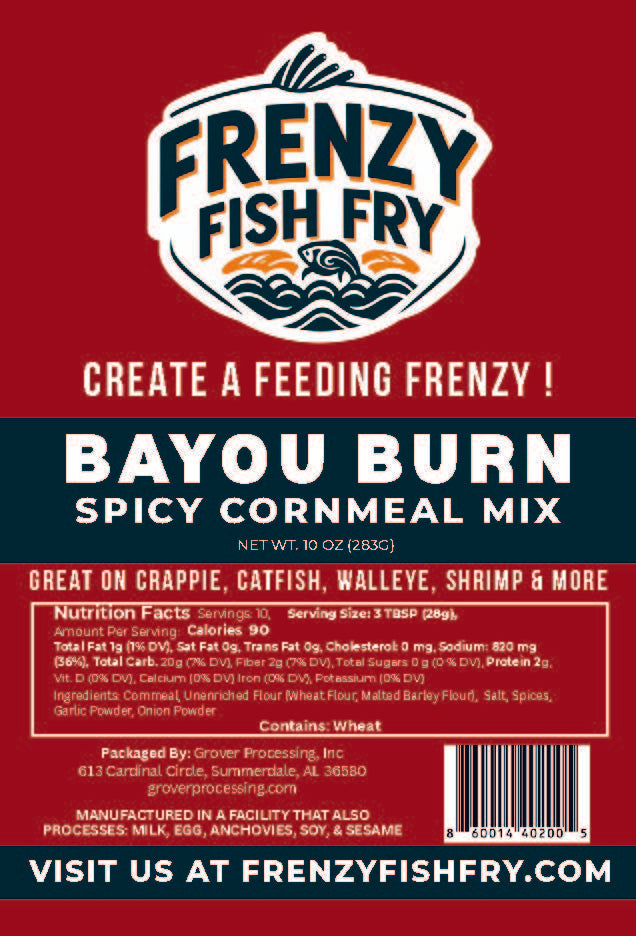 Close-up of Bayou Burn Fish Fry Mix label by Frenzy Fish Fry showing spicy Cajun cornmeal breading packaging design.