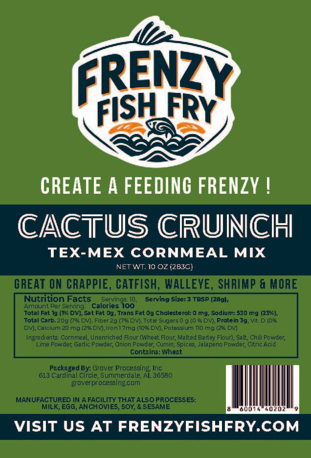 Close-up of Cactus Crunch Fish Fry Mix label by Frenzy Fish Fry showing Tex-Mex lime and jalapeño cornmeal breading packaging design.