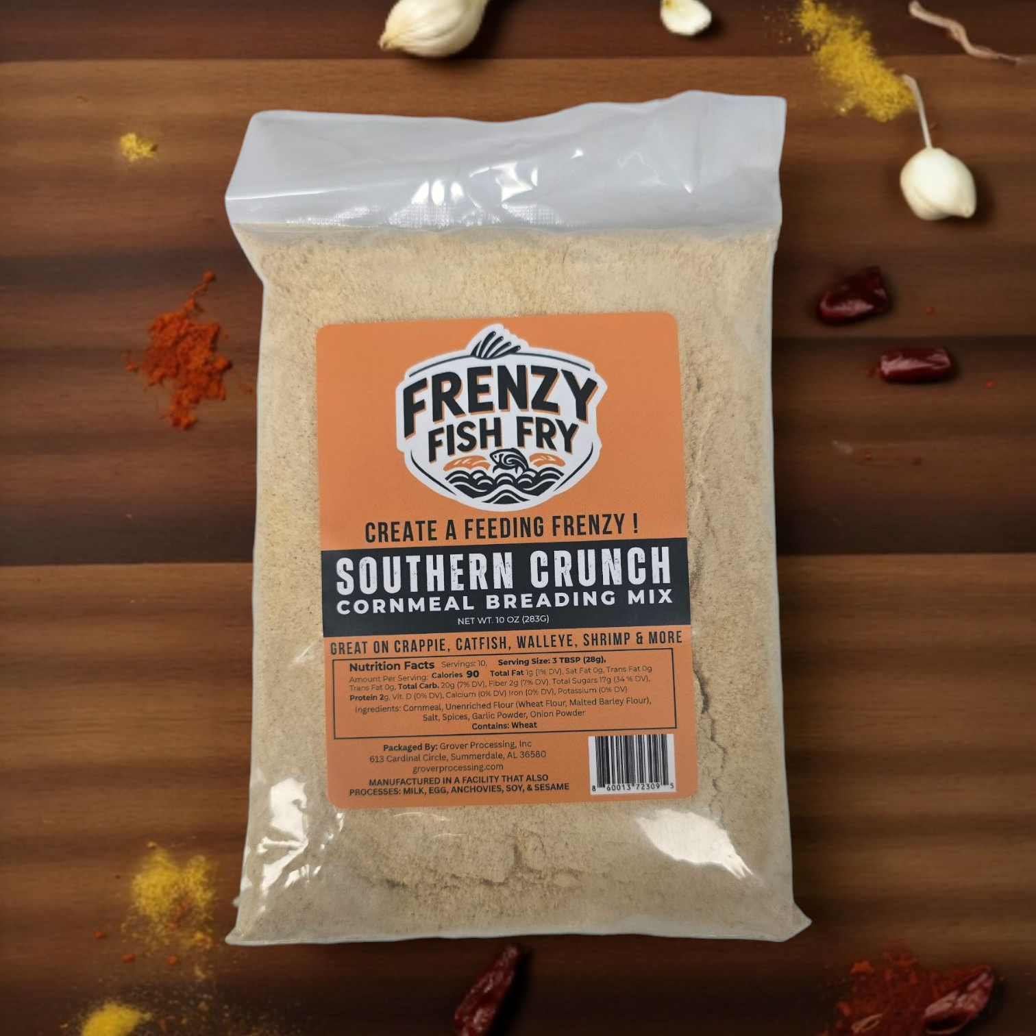 Bag of Frenzy Fish Fry Southern Crunch breading mix on table – light southern-style coating perfect for fish, chicken, and veggies