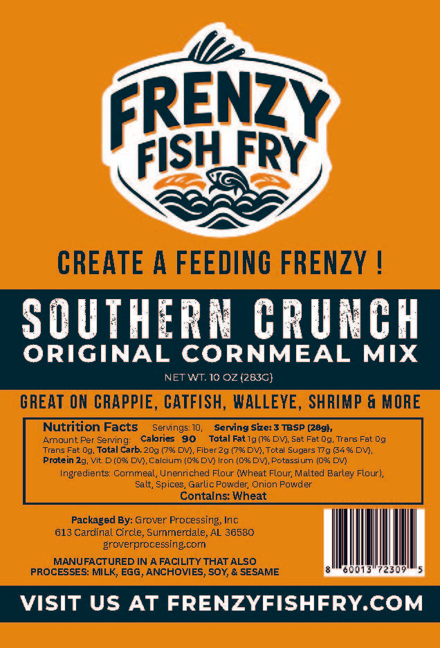 Close-up of Southern Crunch Fish Fry Mix label by Frenzy Fish Fry showing Southern-style cornmeal breading packaging and brand logo.