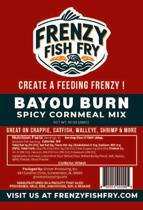 Close-up of Bayou Burn Fish Fry Mix label by Frenzy Fish Fry showing spicy Cajun cornmeal breading packaging design.
