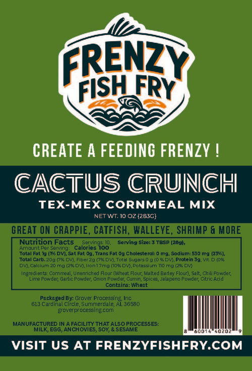 Close-up of Cactus Crunch Fish Fry Mix label by Frenzy Fish Fry showing Tex-Mex lime and jalapeño cornmeal breading packaging design.