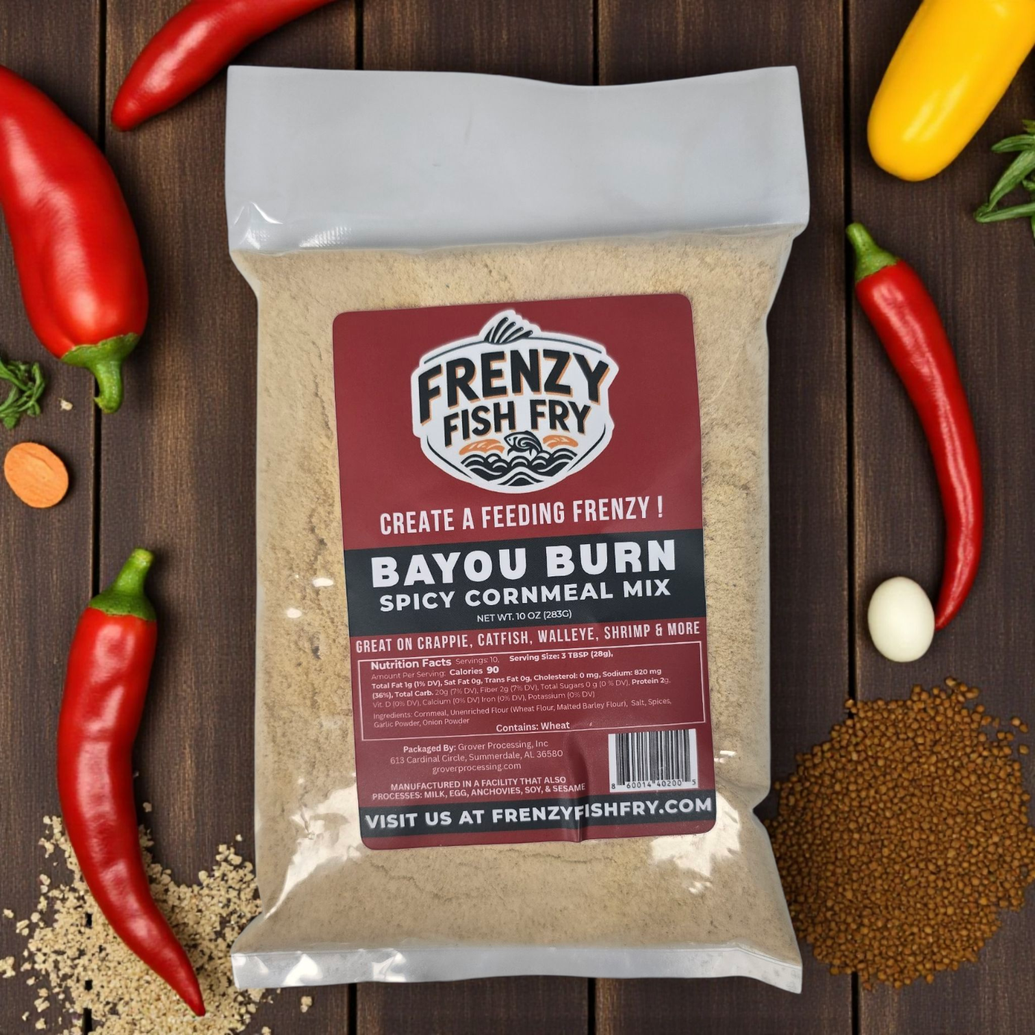 Bag of Frenzy Fish Fry Bayou Burn breading mix on table – fiery Cajun seasoning ideal for catfish, shrimp, and fried chicken