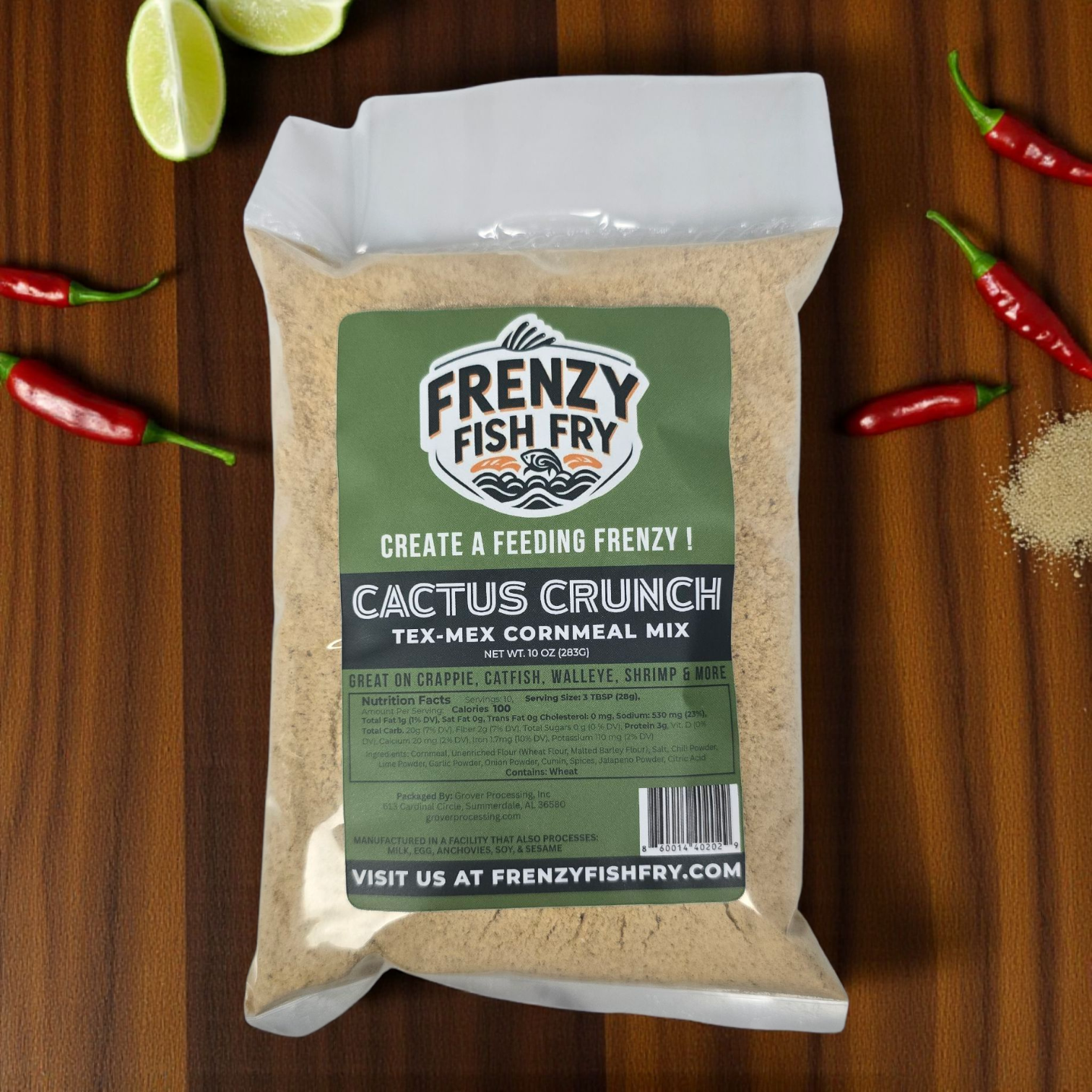 Bag of Frenzy Fish Fry Cactus Crunch breading mix on table – zesty southwest-inspired coating perfect for fish, chicken, or veggies