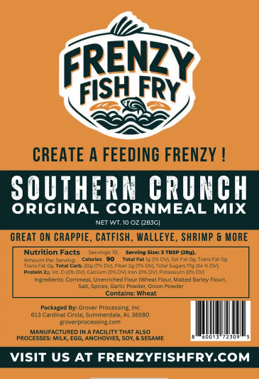 Frenzy Fish Fry Southern Crunch Original Cornmeal Mix packaging on an orange background