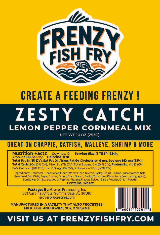 Close-up of Zesty Catch Fish Fry Mix label by Frenzy Fish Fry showing citrus pepper cornmeal breading packaging design.