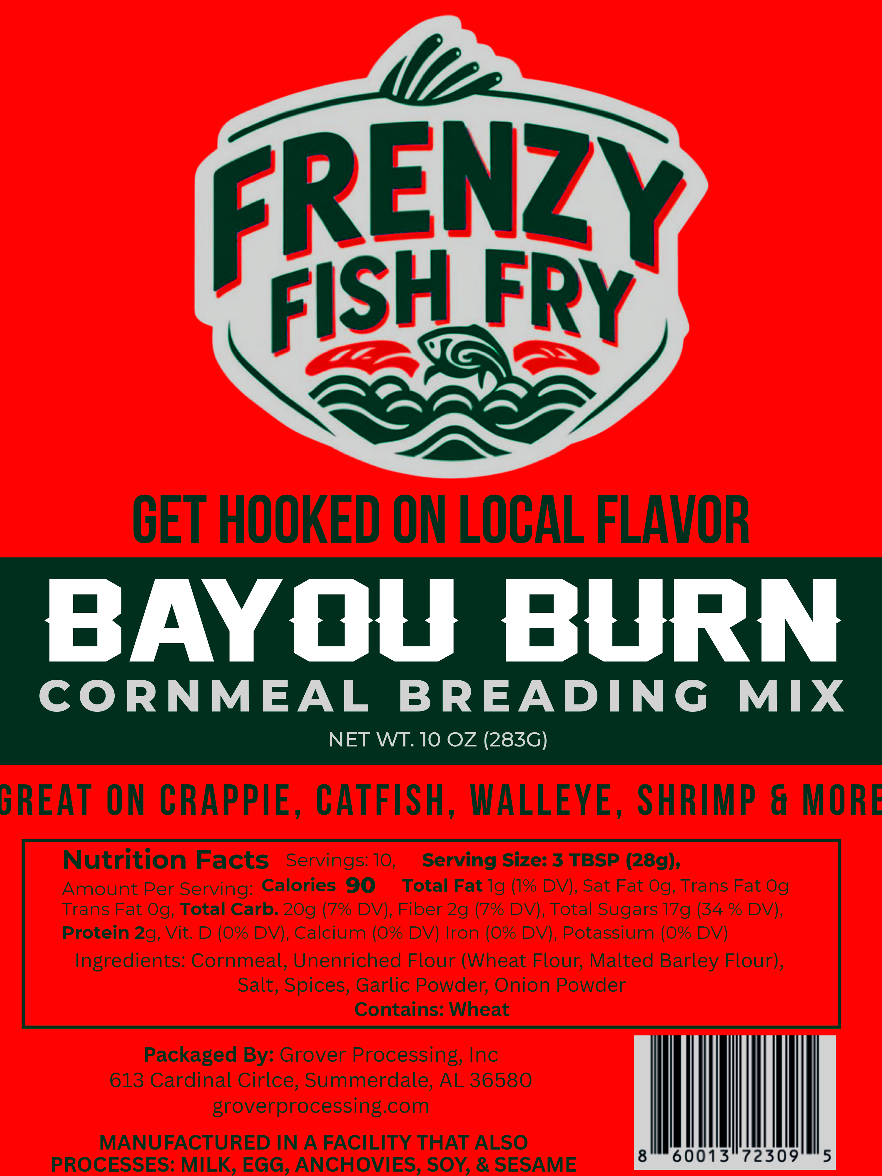 Bag of Frenzy Fish Fry Bayou Burn breading mix on table – fiery Cajun seasoning ideal for catfish, shrimp, and fried chicken
